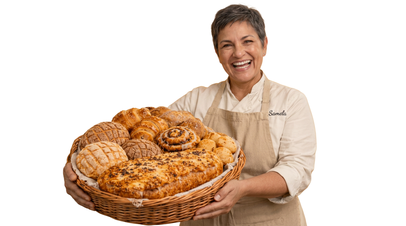 Samela, chef repostera, con una canasta de pan